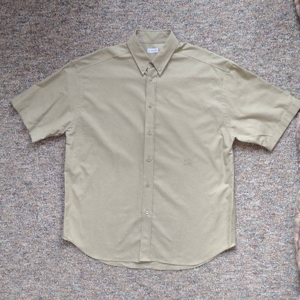 Burberry Cotton Short Sleeve Button Shirt Tan Mens Size LARGE Fits Like XL